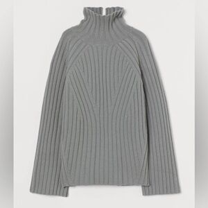 H&M Grey Ribbed Ruffle Neck Sweater